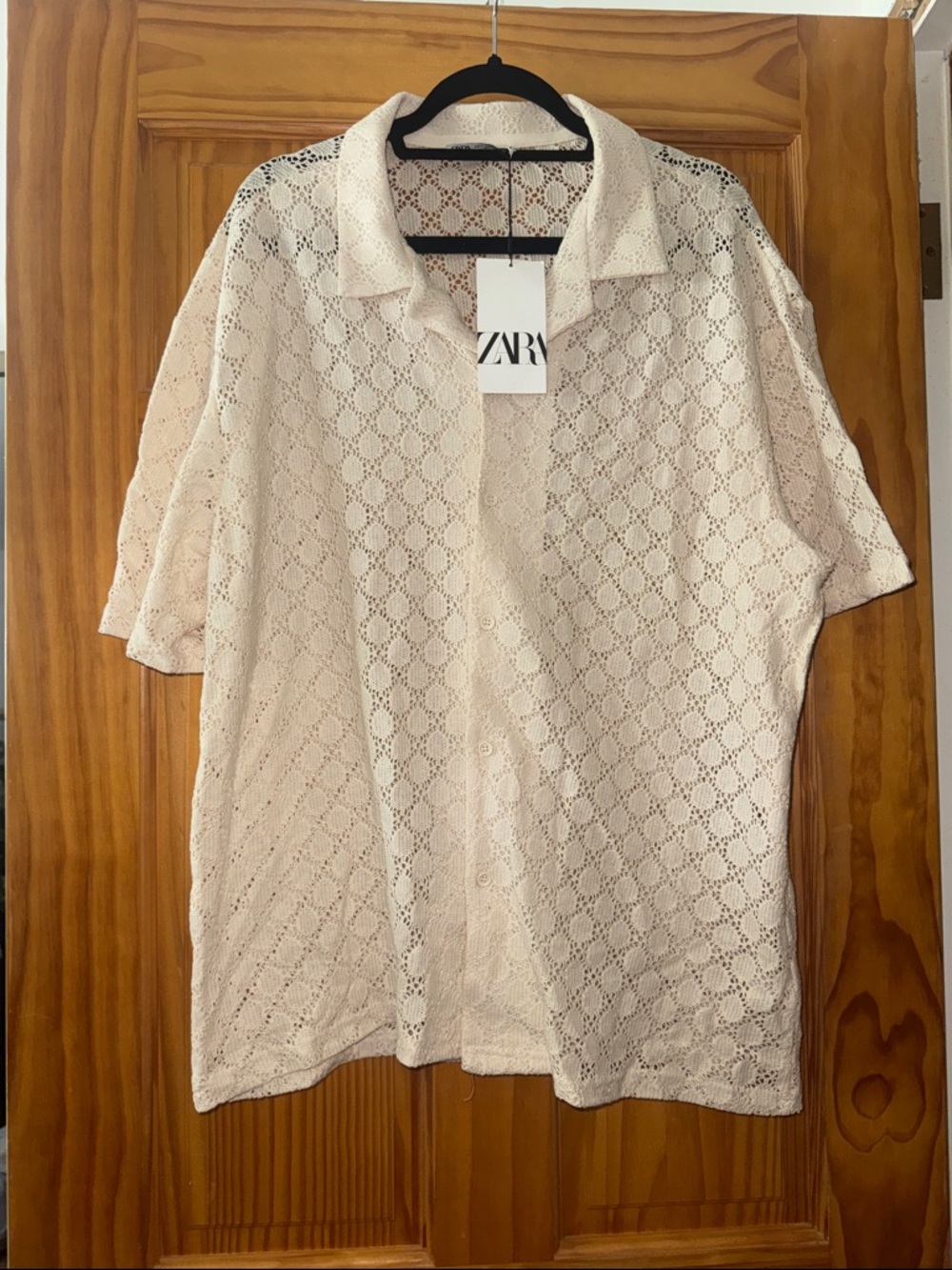 NWT ZARA MENS Cream Lace Openwork Short Sleeve Shirt